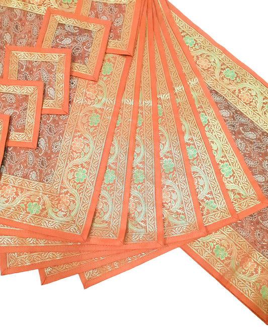 13 PC Banarasi Table Runner Rust Indian Silk Brocade Paisley Dining Decor Cloth