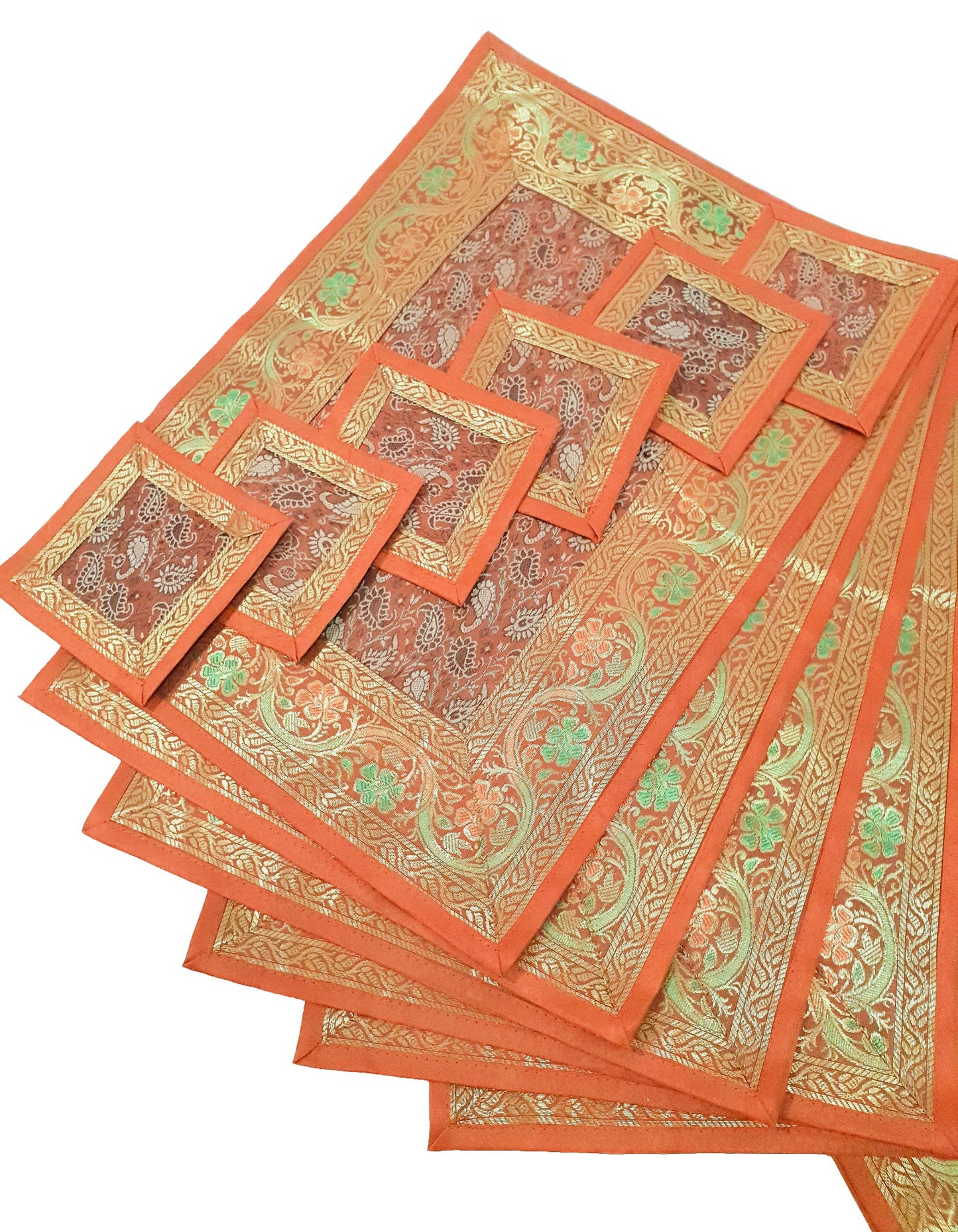 13 PC Banarasi Table Runner Rust Indian Silk Brocade Paisley Dining Decor Cloth