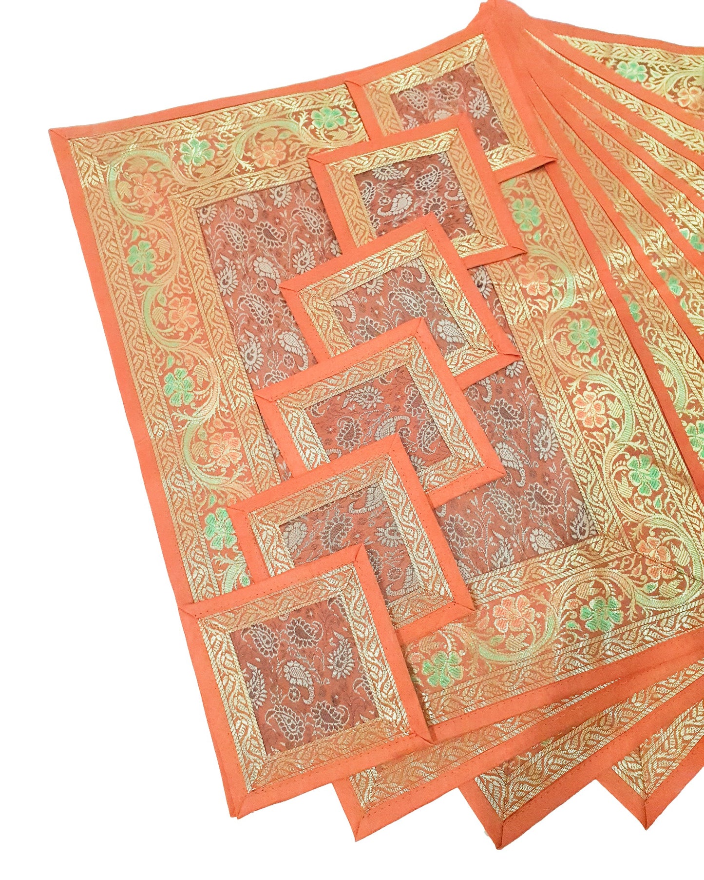 13 PC Banarasi Table Runner Rust Indian Silk Brocade Paisley Dining Decor Cloth