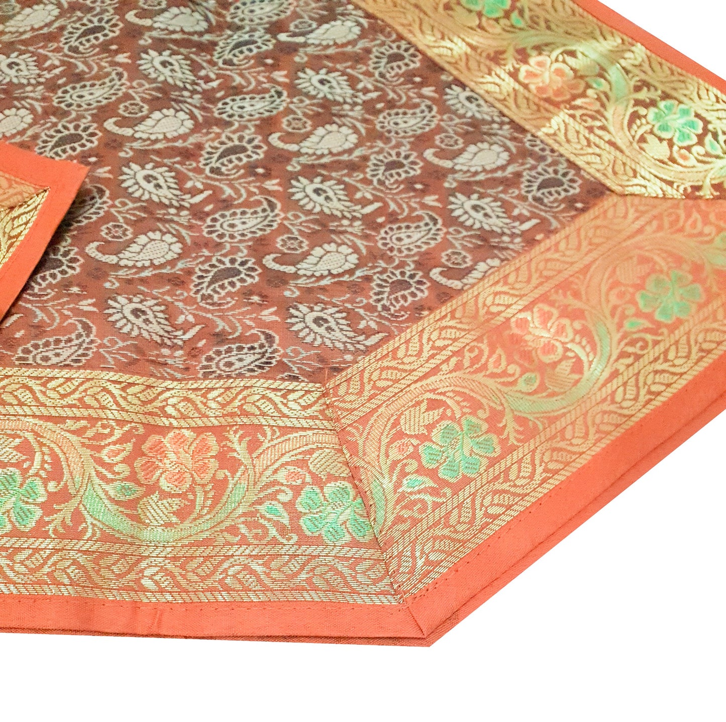 13 PC Banarasi Table Runner Rust Indian Silk Brocade Paisley Dining Decor Cloth