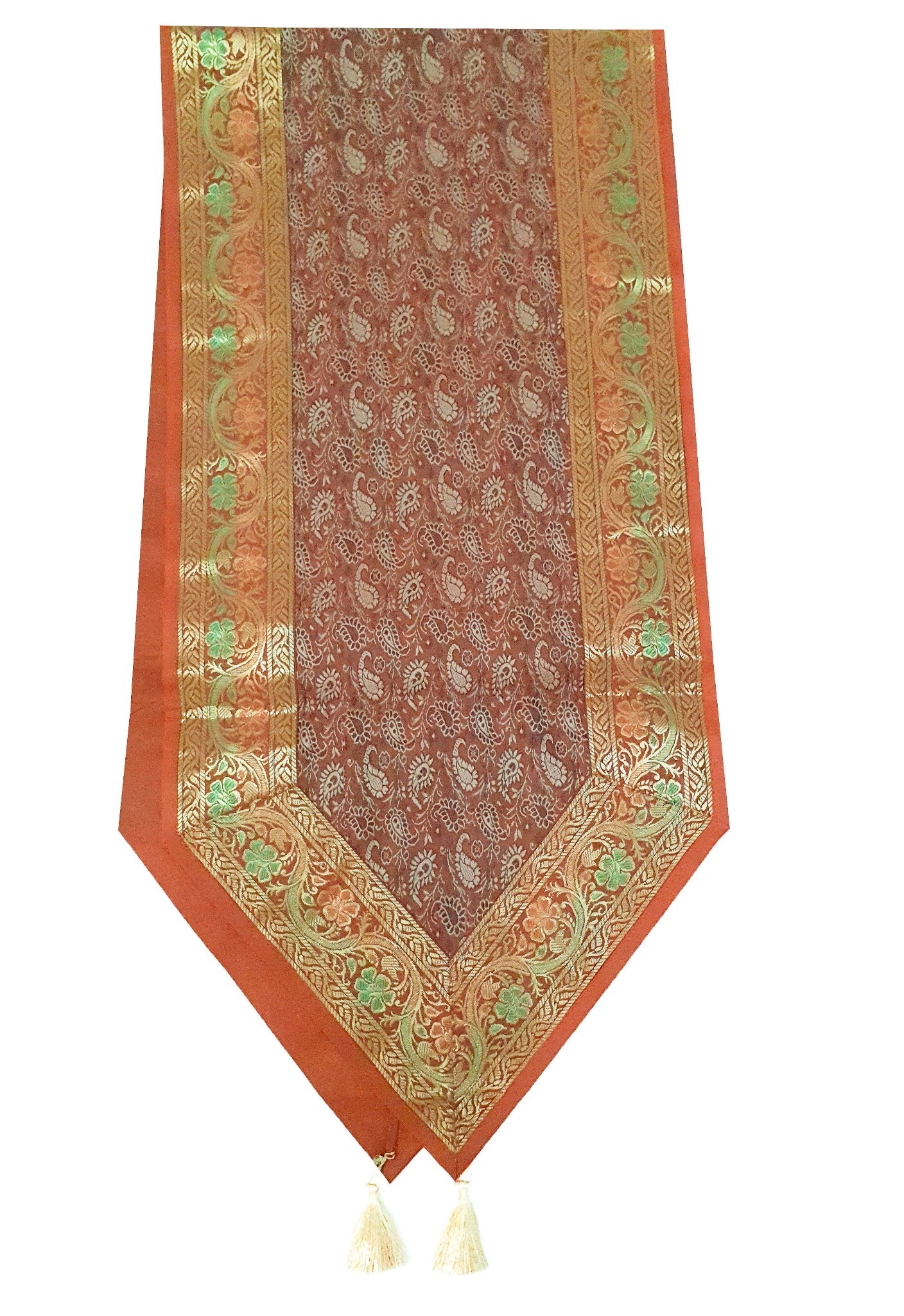 13 PC Banarasi Table Runner Rust Indian Silk Brocade Paisley Dining Decor Cloth