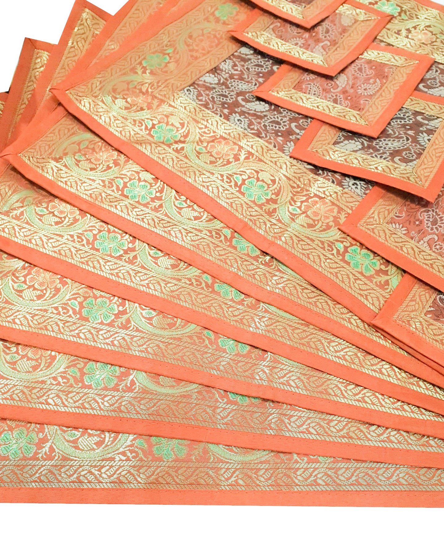 13 PC Banarasi Table Runner Rust Indian Silk Brocade Paisley Dining Decor Cloth