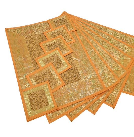 13 PC Mustard Banarasi Table Runner Silk Brocade Paisley Dining Decor Cloth Gift