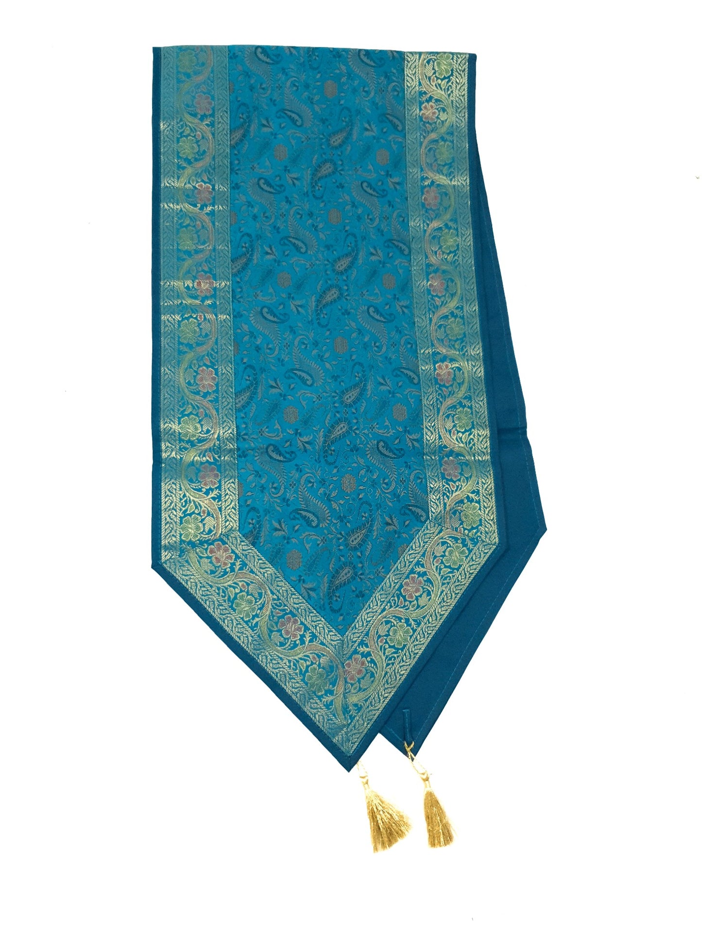 Set of 13 Teal Blue Banarasi Silk Table Runner – Paisley Brocade Decor Gift Item