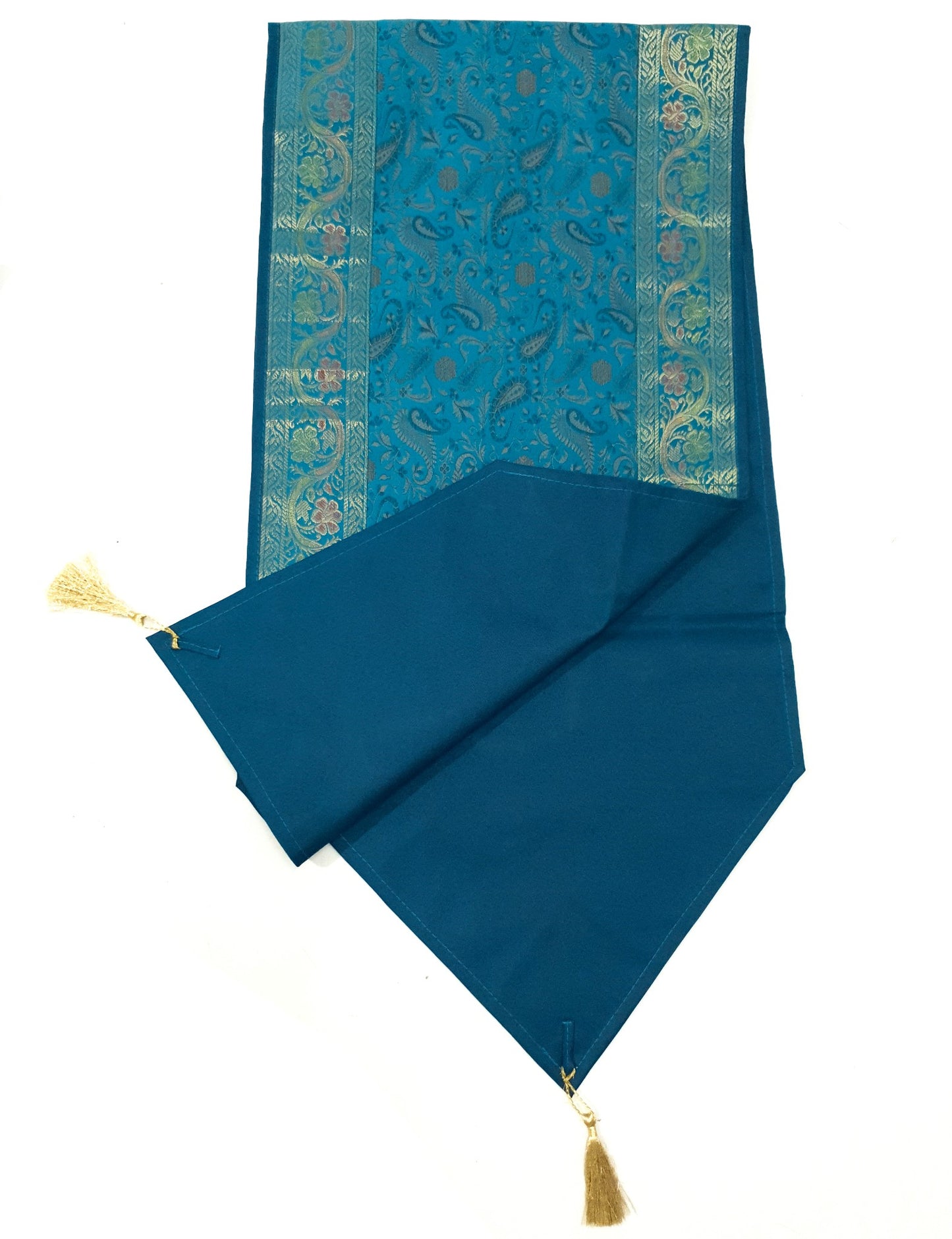 Set of 13 Teal Blue Banarasi Silk Table Runner – Paisley Brocade Decor Gift Item