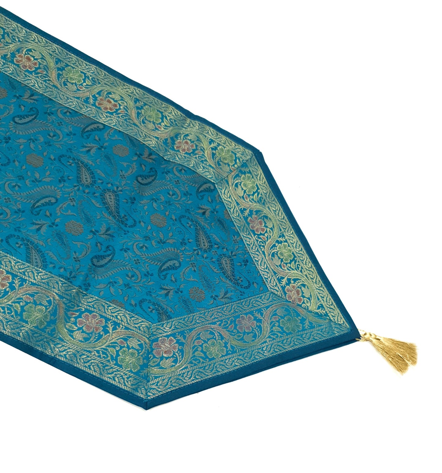 Set of 13 Teal Blue Banarasi Silk Table Runner – Paisley Brocade Decor Gift Item