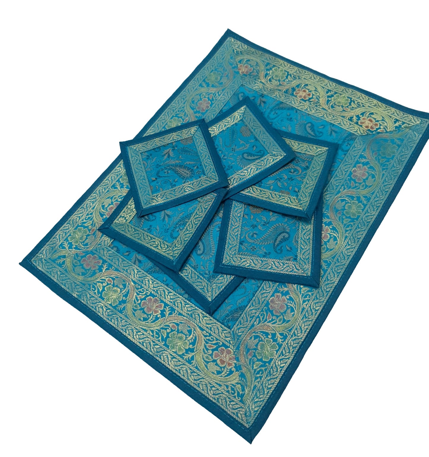 Set of 13 Teal Blue Banarasi Silk Table Runner – Paisley Brocade Decor Gift Item