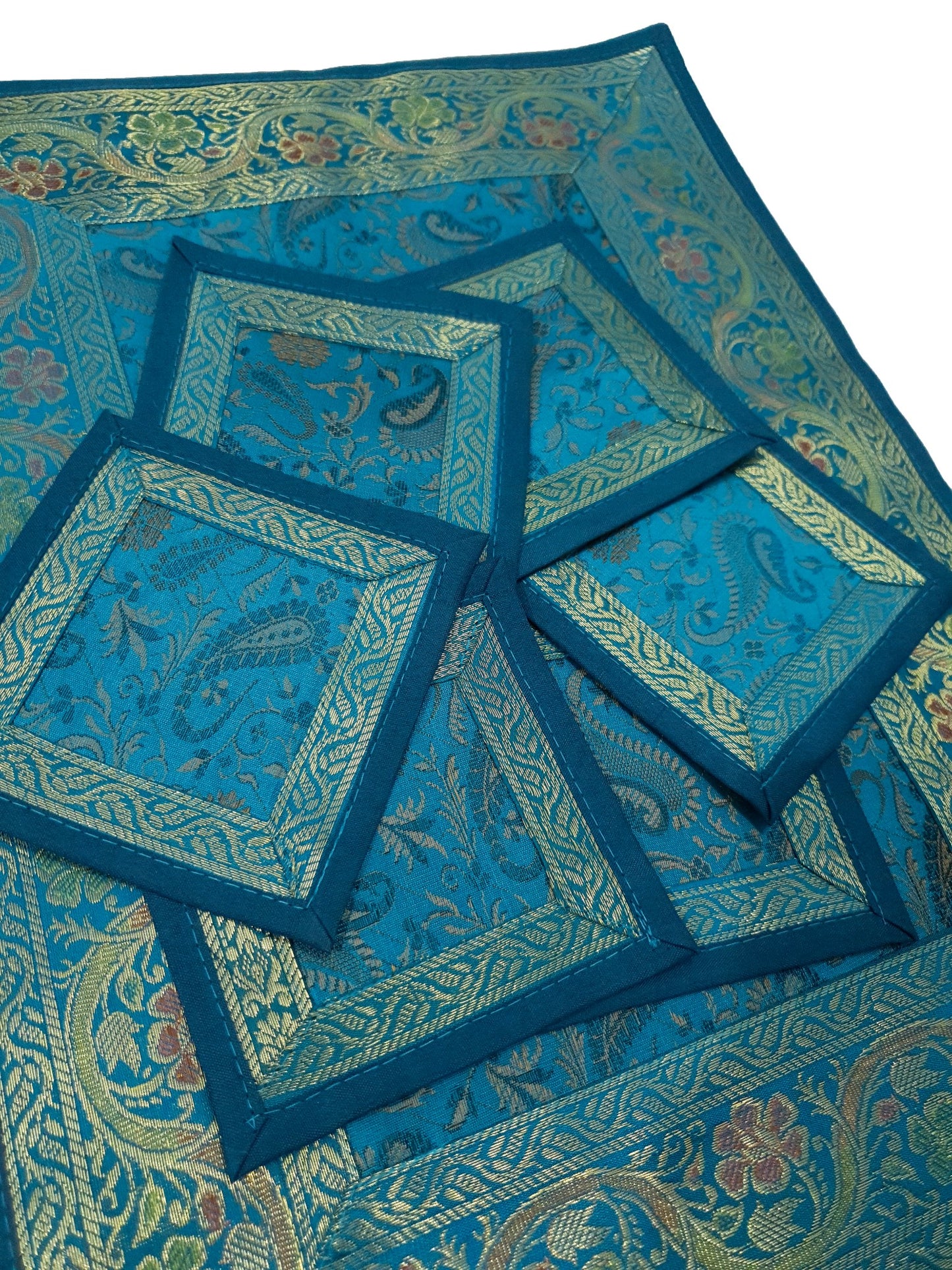 Set of 13 Teal Blue Banarasi Silk Table Runner – Paisley Brocade Decor Gift Item