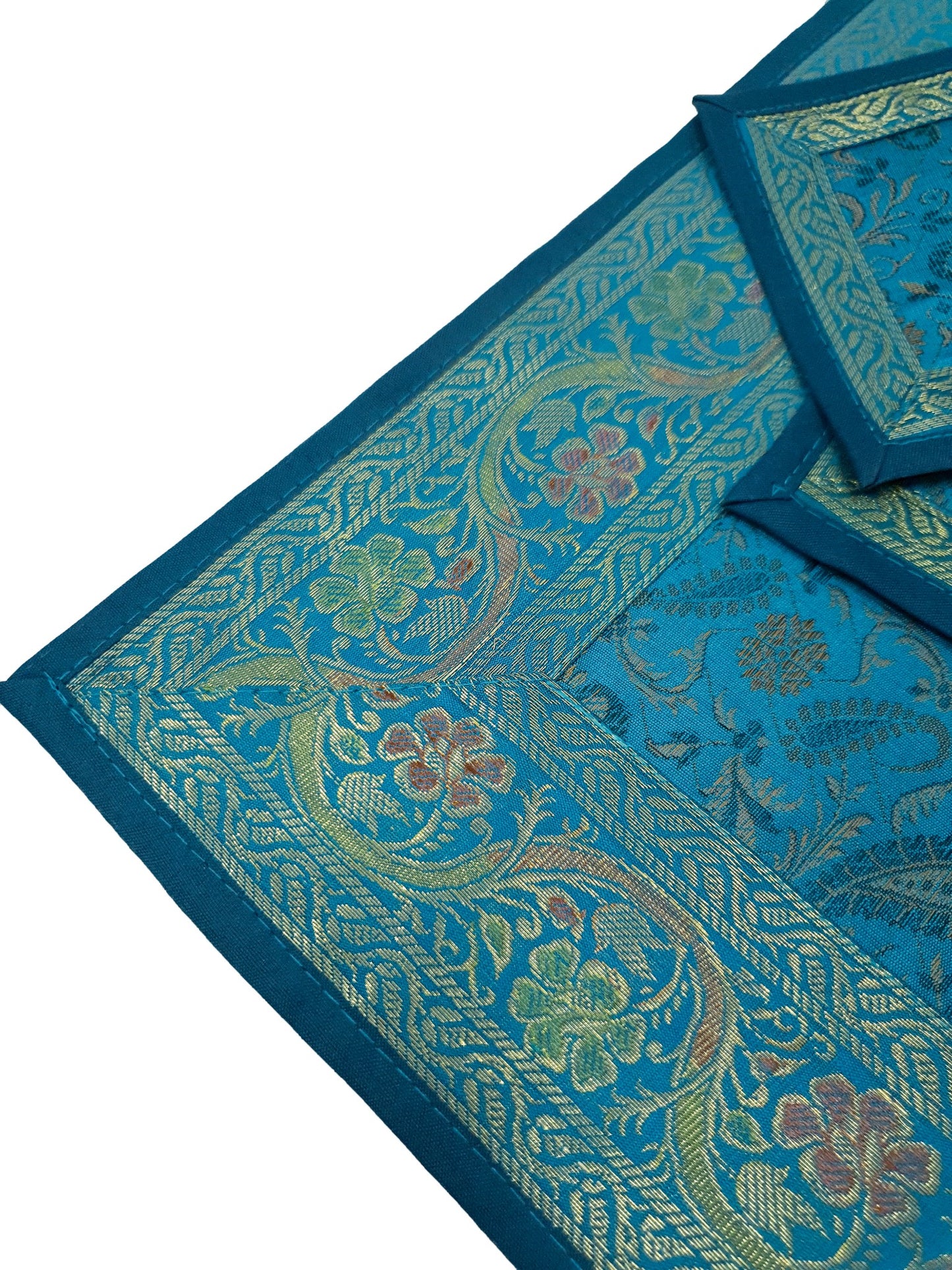 Set of 13 Teal Blue Banarasi Silk Table Runner – Paisley Brocade Decor Gift Item