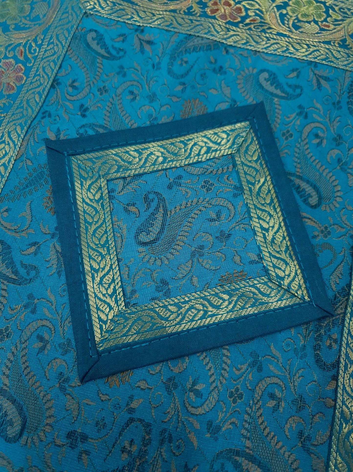 Set of 13 Teal Blue Banarasi Silk Table Runner – Paisley Brocade Decor Gift Item