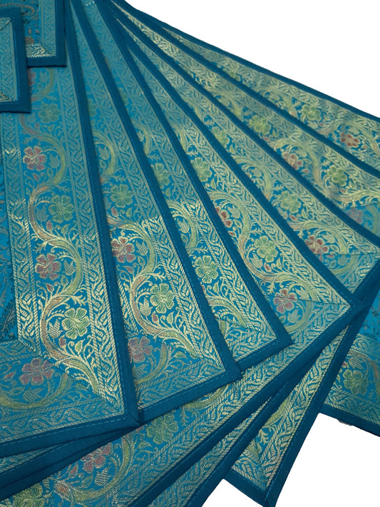 Set of 13 Teal Blue Banarasi Silk Table Runner – Paisley Brocade Decor Gift Item