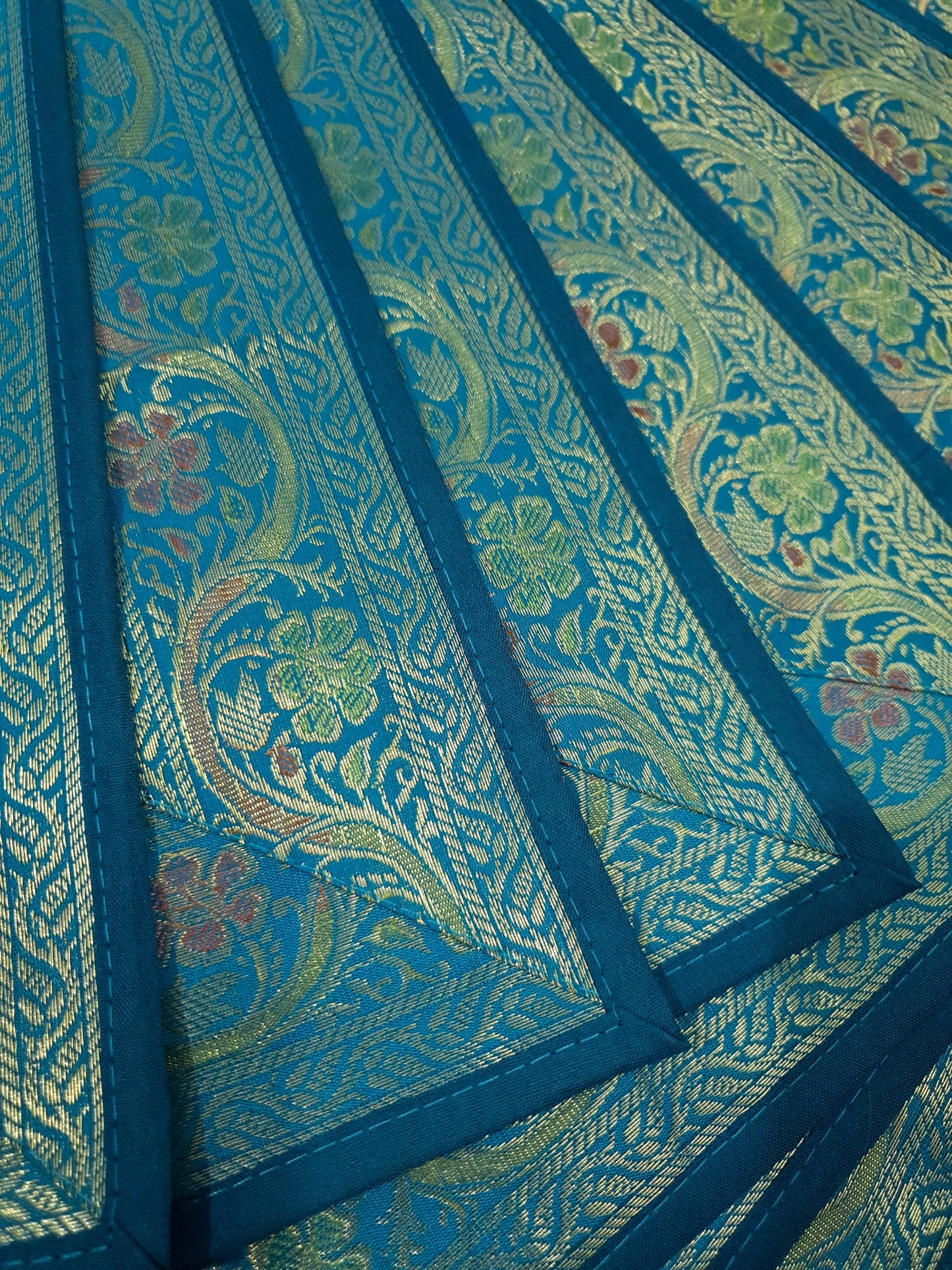 Set of 13 Teal Blue Banarasi Silk Table Runner – Paisley Brocade Decor Gift Item