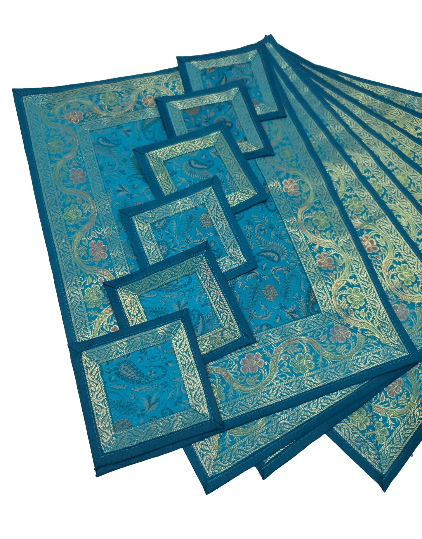 Set of 13 Teal Blue Banarasi Silk Table Runner – Paisley Brocade Decor Gift Item