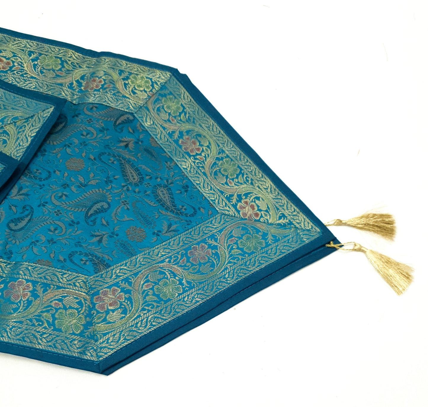 Set of 13 Teal Blue Banarasi Silk Table Runner – Paisley Brocade Decor Gift Item