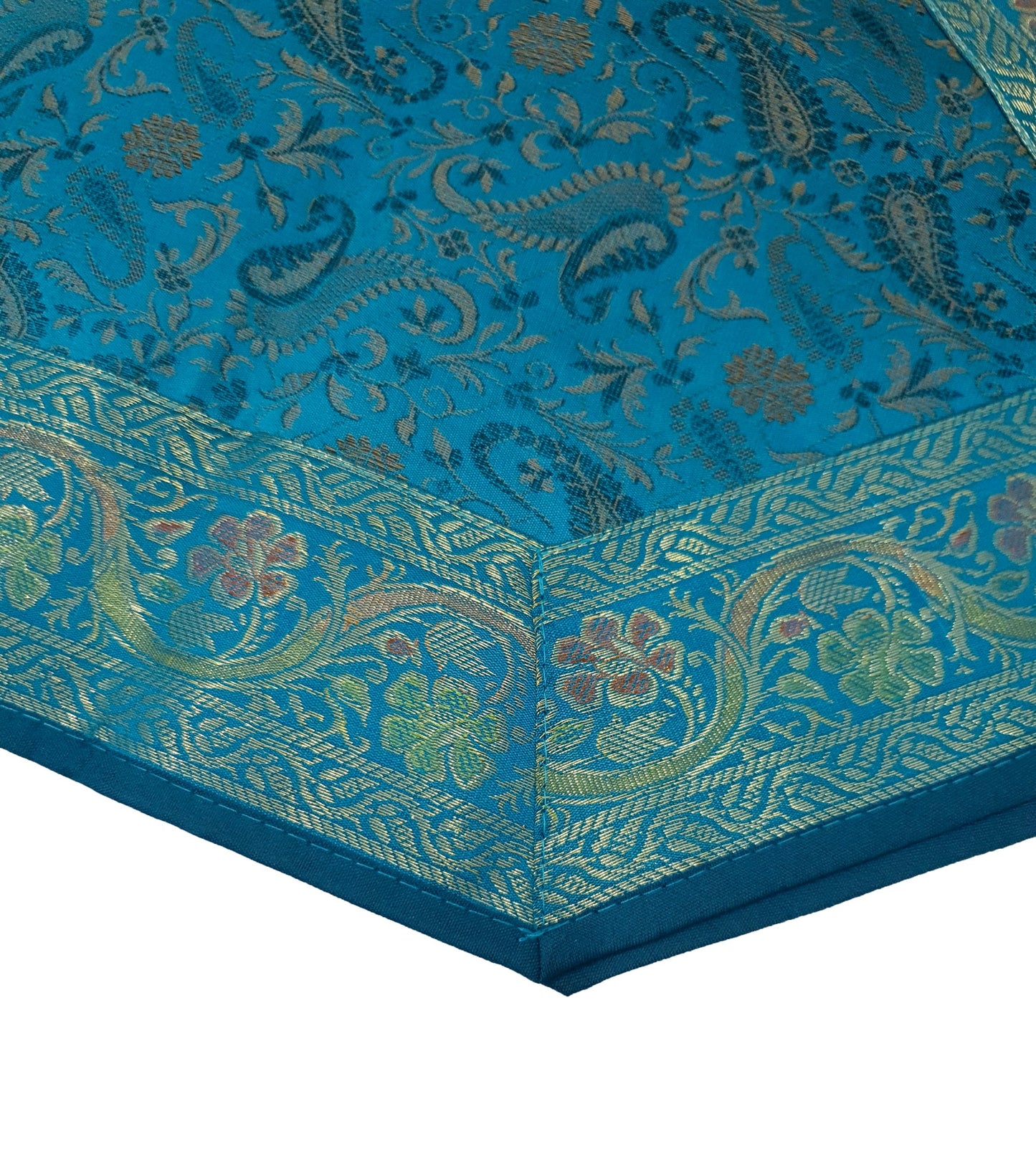 Set of 13 Teal Blue Banarasi Silk Table Runner – Paisley Brocade Decor Gift Item