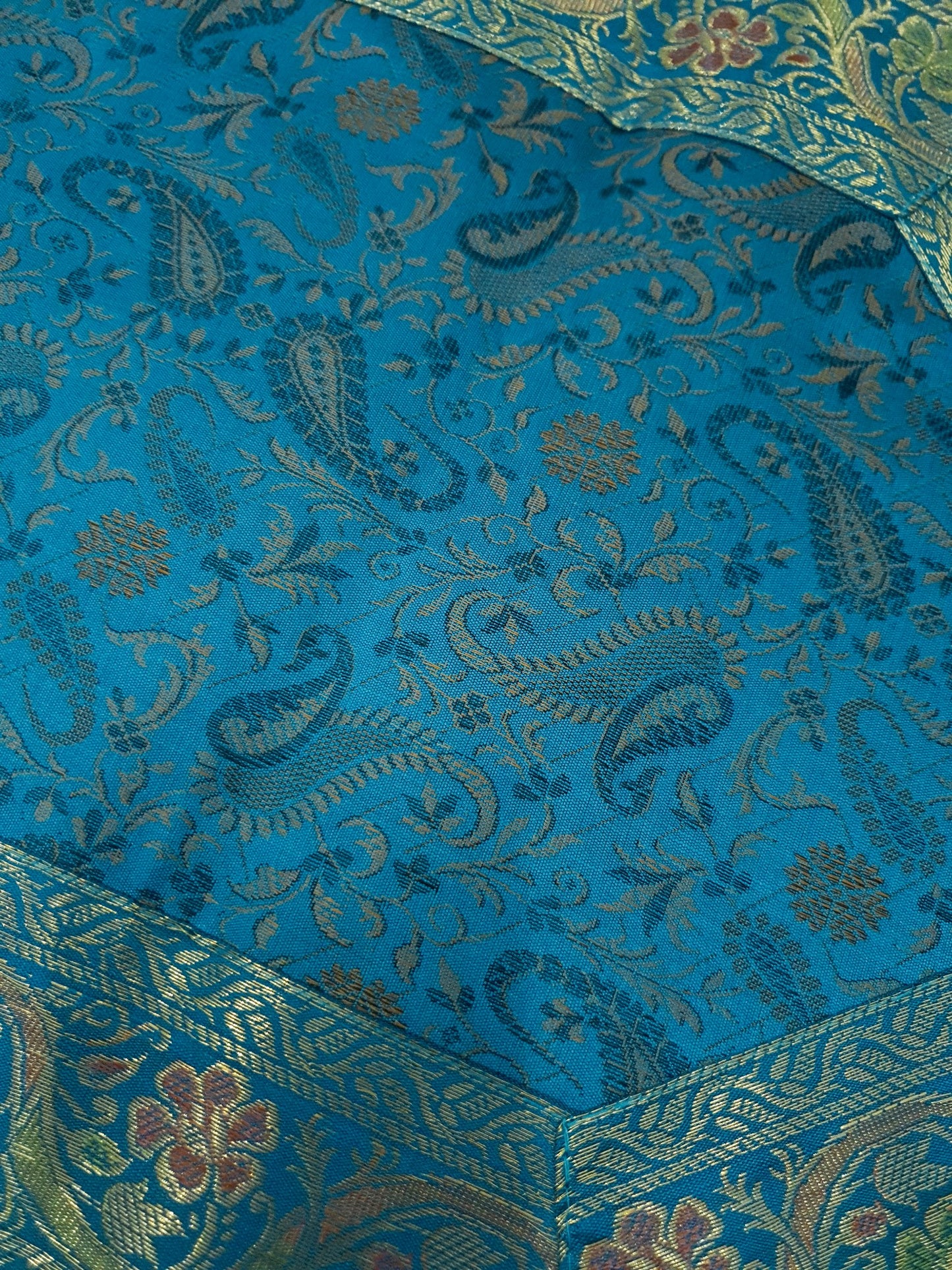 Set of 13 Teal Blue Banarasi Silk Table Runner – Paisley Brocade Decor Gift Item