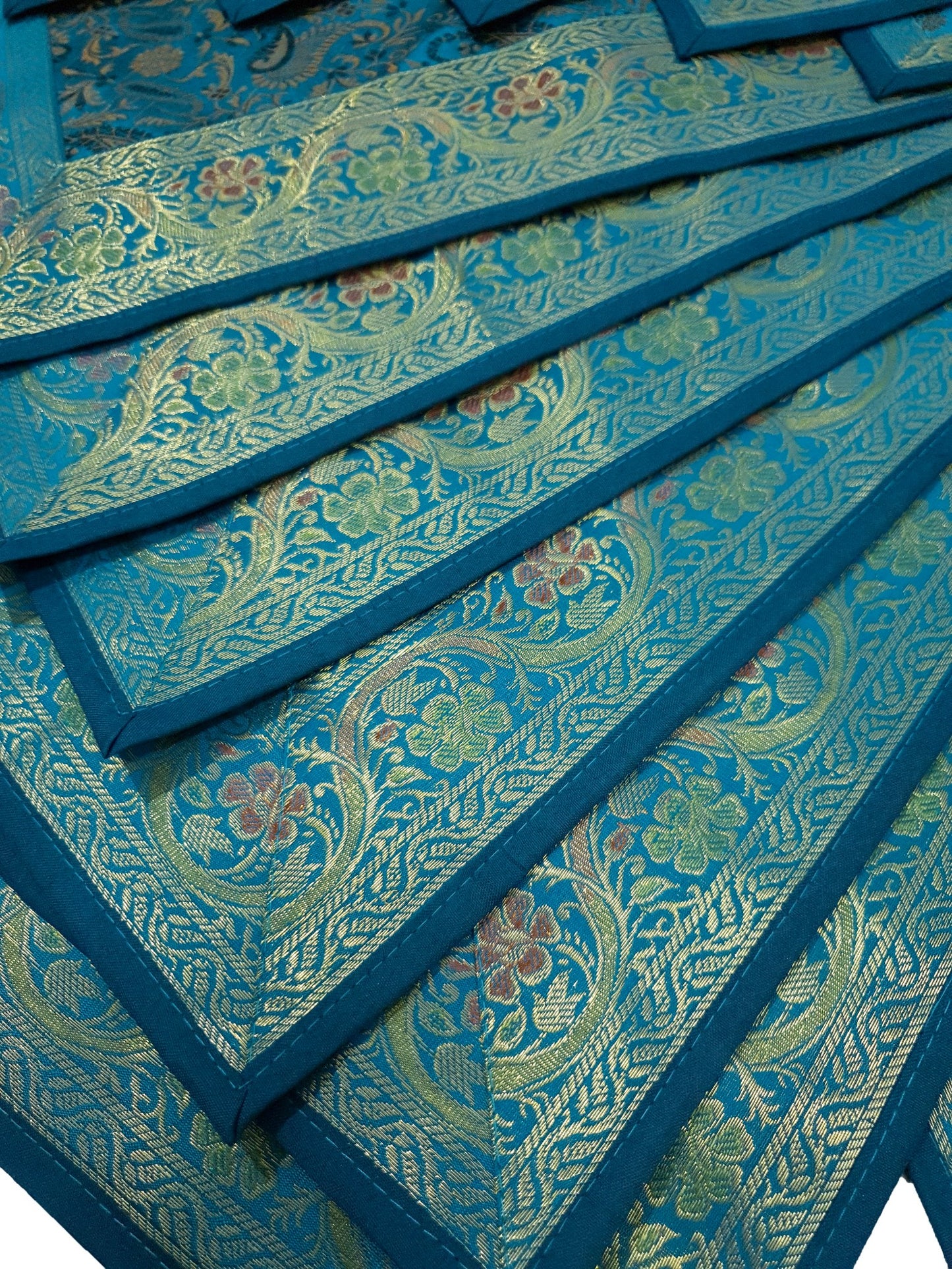 Set of 13 Teal Blue Banarasi Silk Table Runner – Paisley Brocade Decor Gift Item