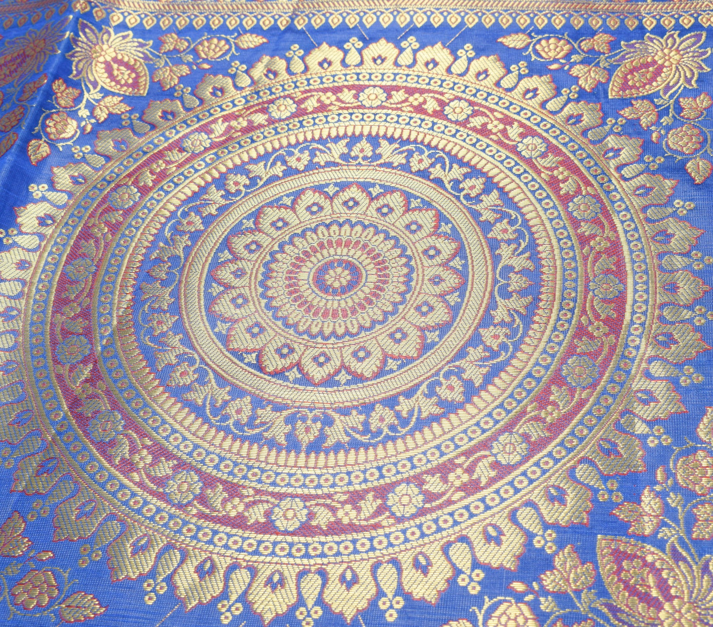 Blue Banarasi Table Runner 72x16" Silk Brocade Mandala Dining Decor Cloth Gift