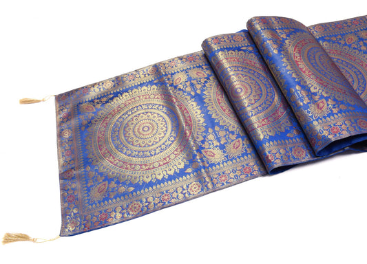 Blue Banarasi Table Runner 72x16" Silk Brocade Mandala Dining Decor Cloth Gift