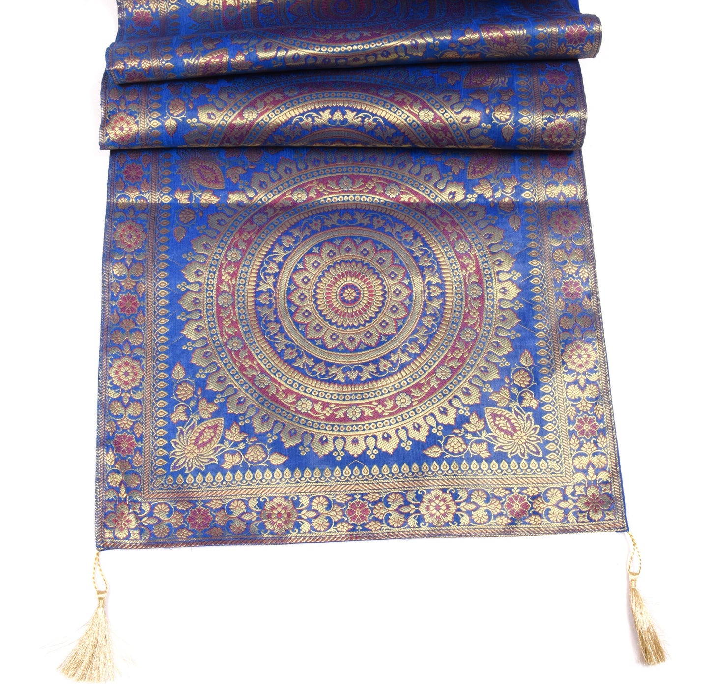 Blue Banarasi Table Runner 72x16" Silk Brocade Mandala Dining Decor Cloth Gift
