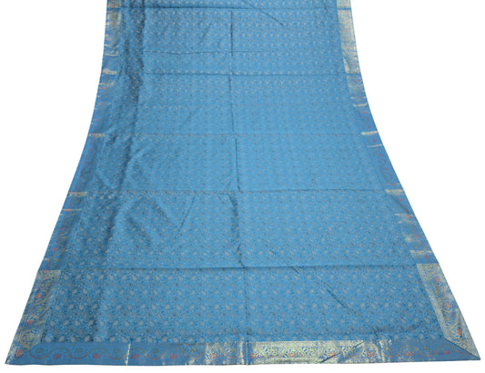 Dining Table Top Cover Cloth Blue Indian Banarasi Silk Woven Paisley 88"x 47"