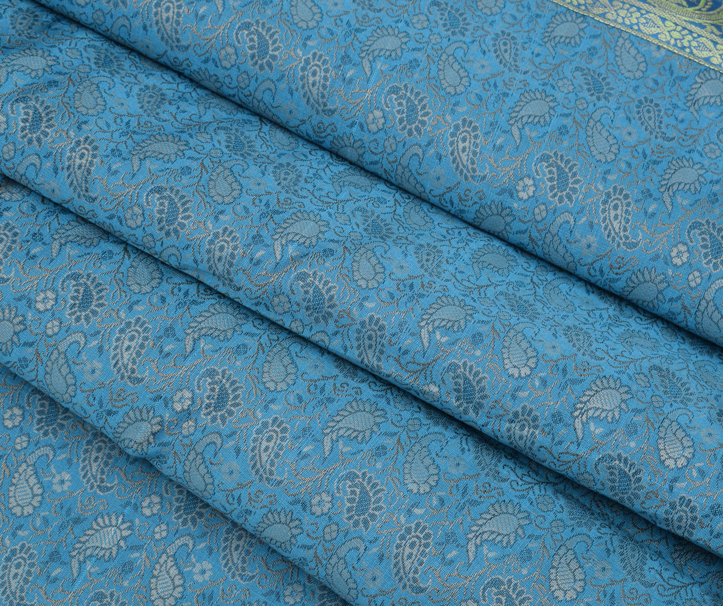 Dining Table Top Cover Cloth Blue Indian Banarasi Silk Woven Paisley 88"x 47"