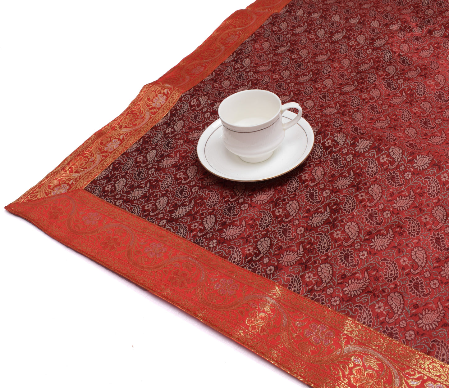 88"x 47" Dining Table Top Cover Indian Banarasi Silk Woven Paisley Cloth Maroon