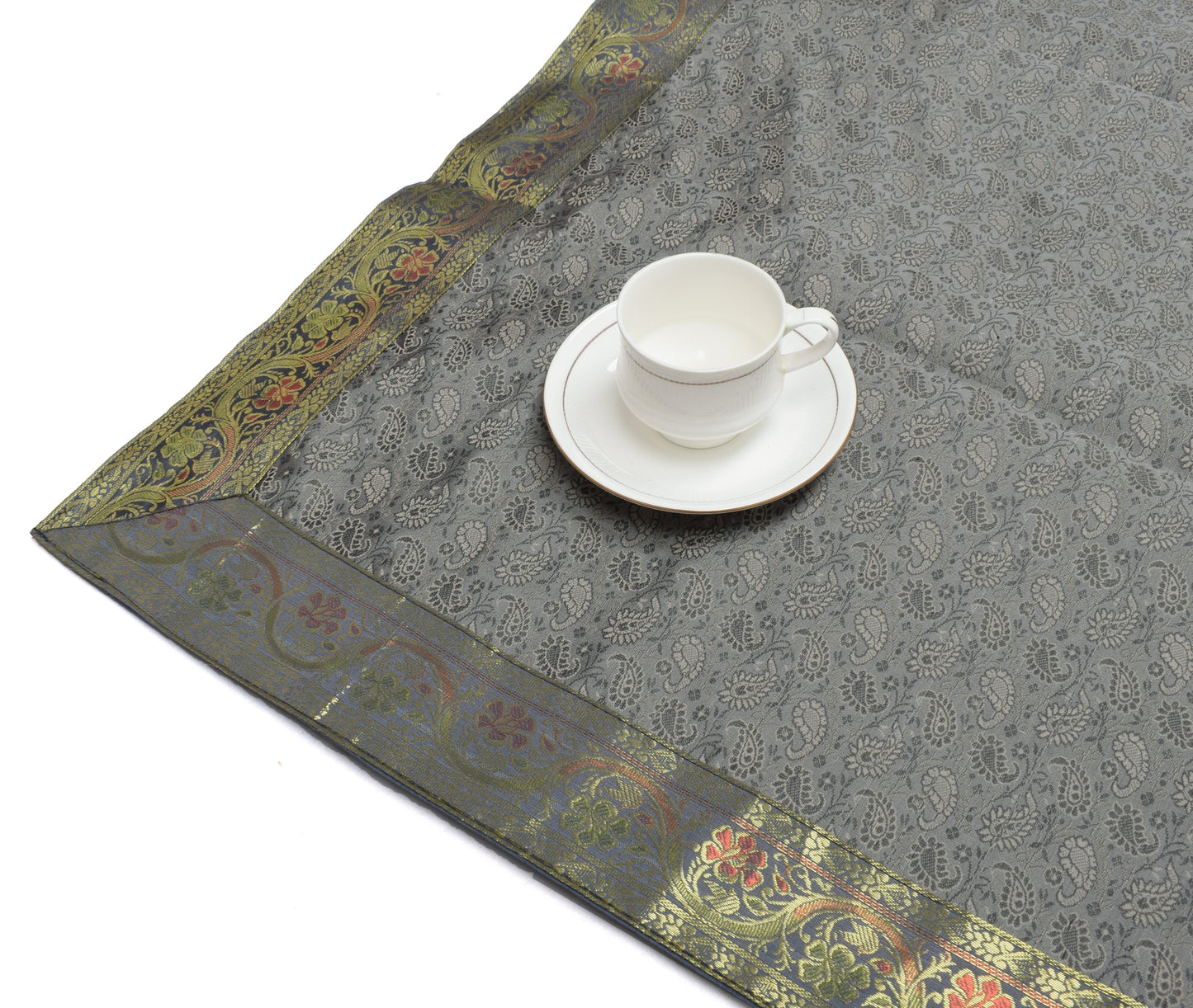 88"x 47" Dining Table Top Cover Indian Banarasi Silk Woven Paisley Gray Cloth