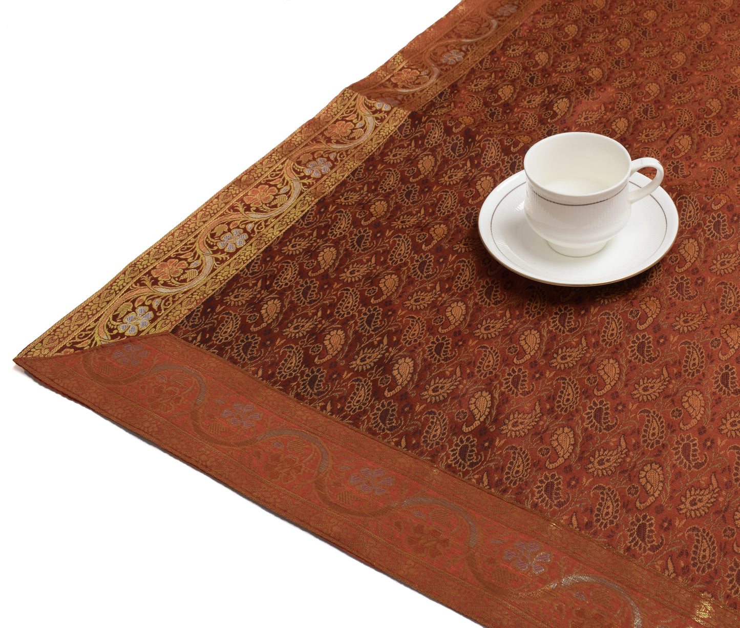 88"x47" Dining Table Top Cover Indian Banarasi Silk Woven Paisley Brown Cloth