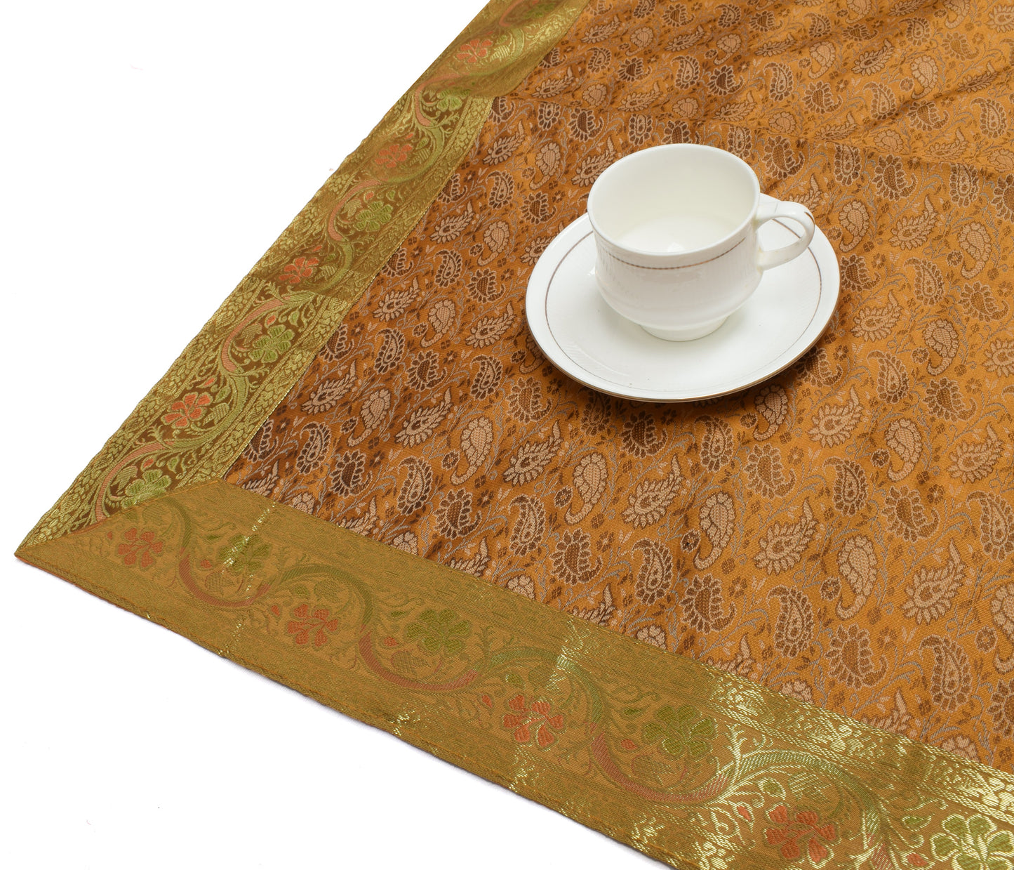 Indian Mustard Table Top Cover Woven Zari Border Art Silk Brocade 88"x47" Cloth