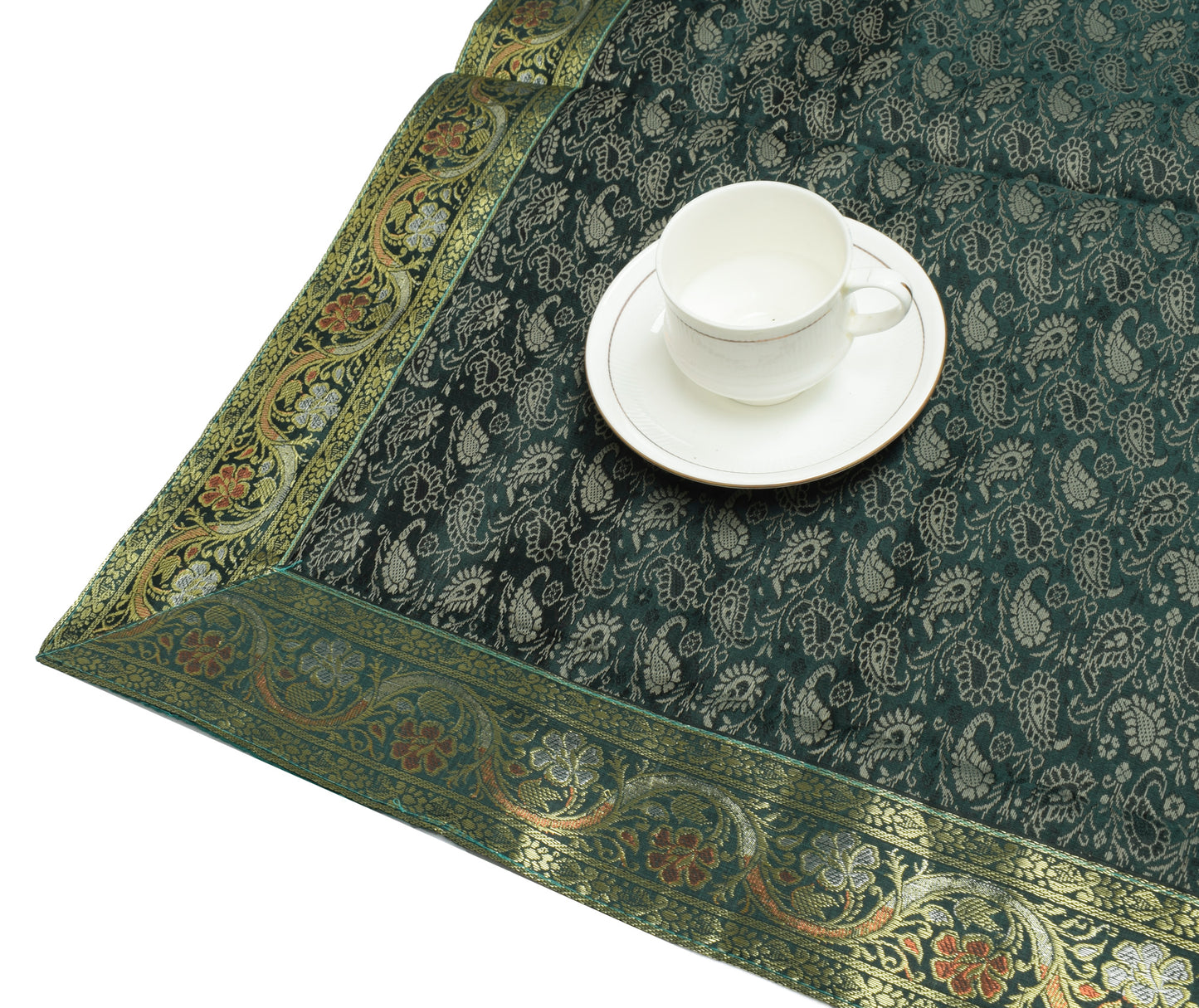 Indian Green Table Top Cover Woven Zari Border Art Silk Brocade 88" x 47" Cloth