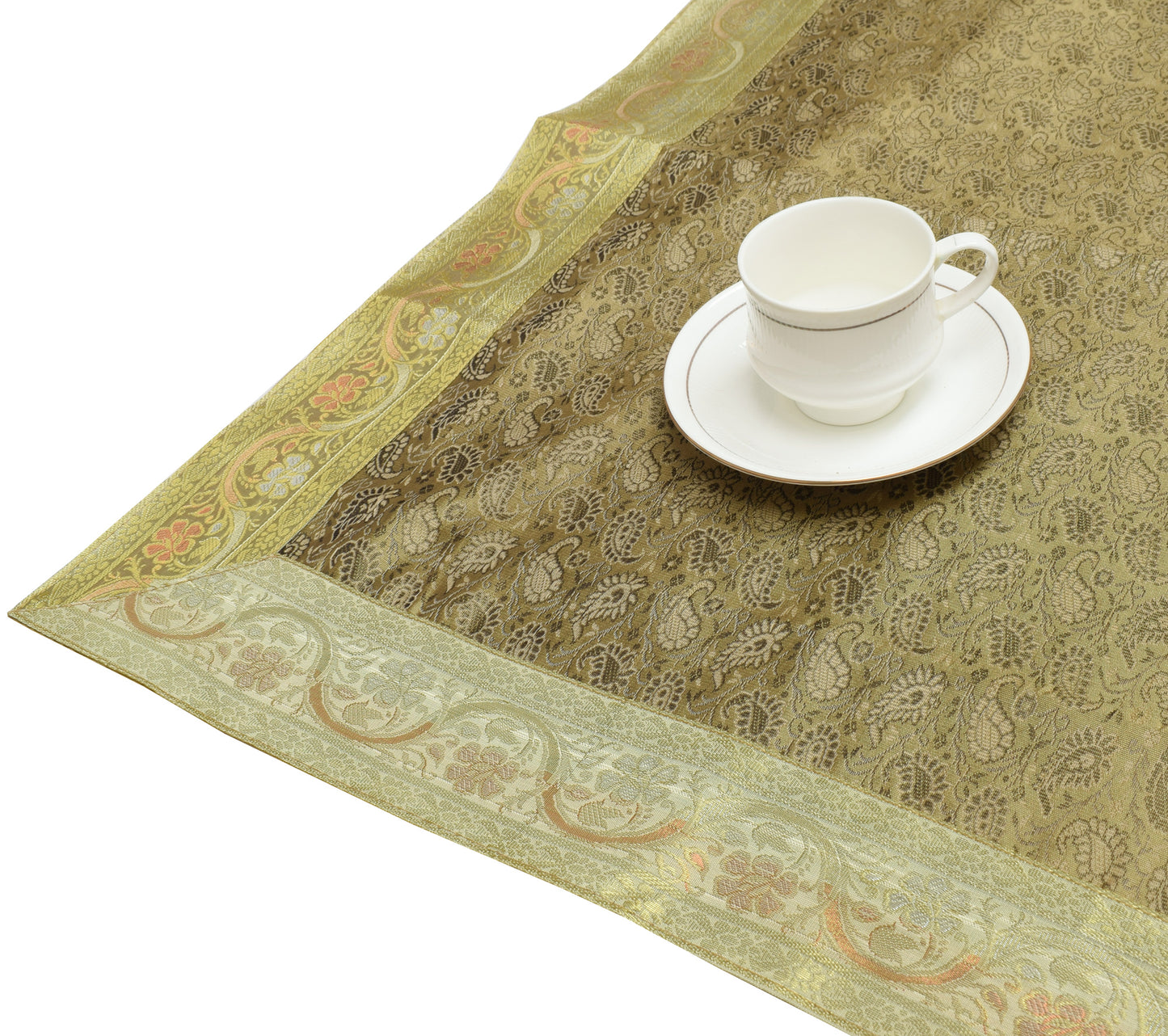 Rectangle Indian Banarasi Silk Woven Paisley Dining Table Top Cover Cloth Brown
