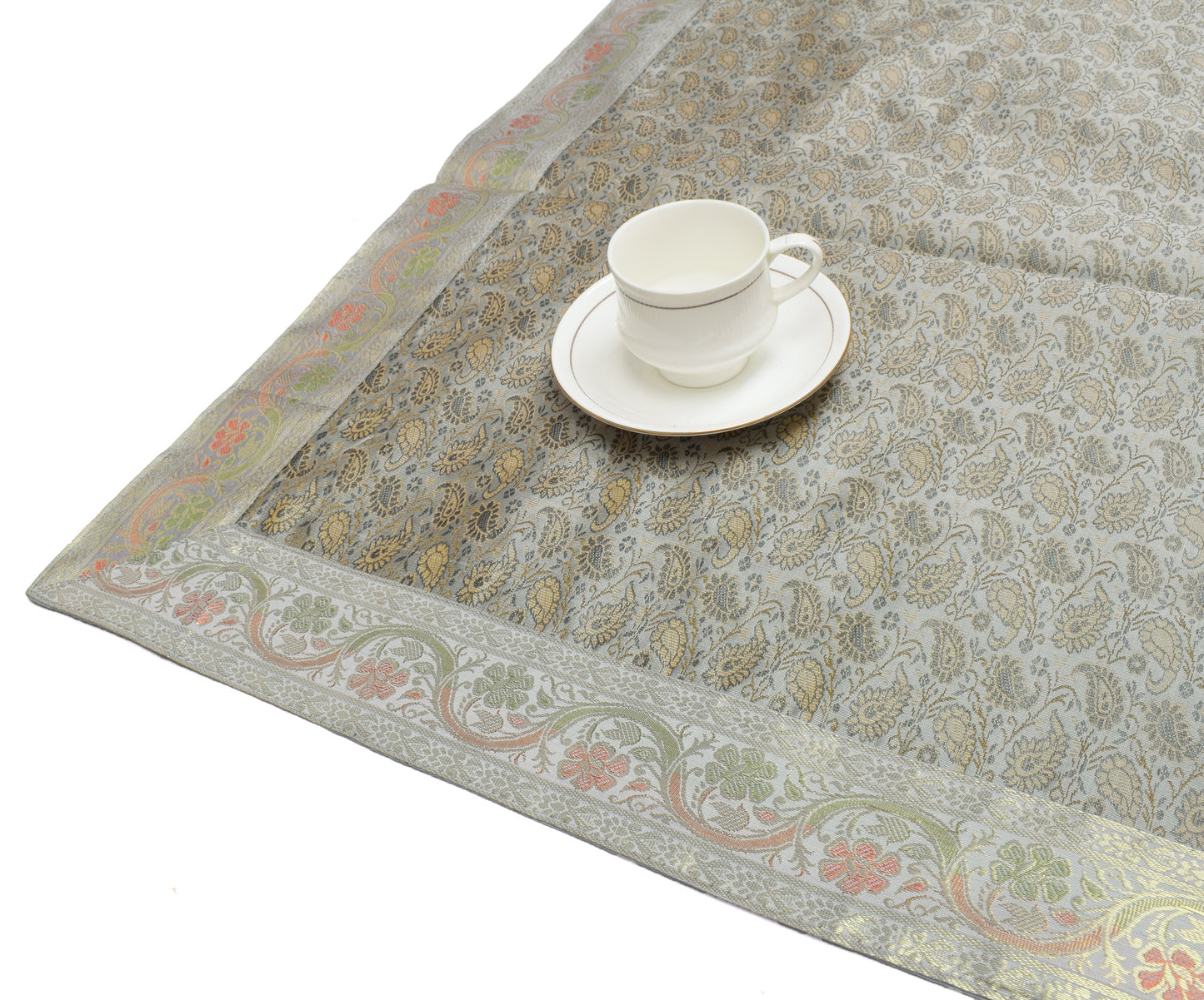 48 Square Indian Banarasi Silk Woven Paisley Dining Table Top Cover Cloth Gray