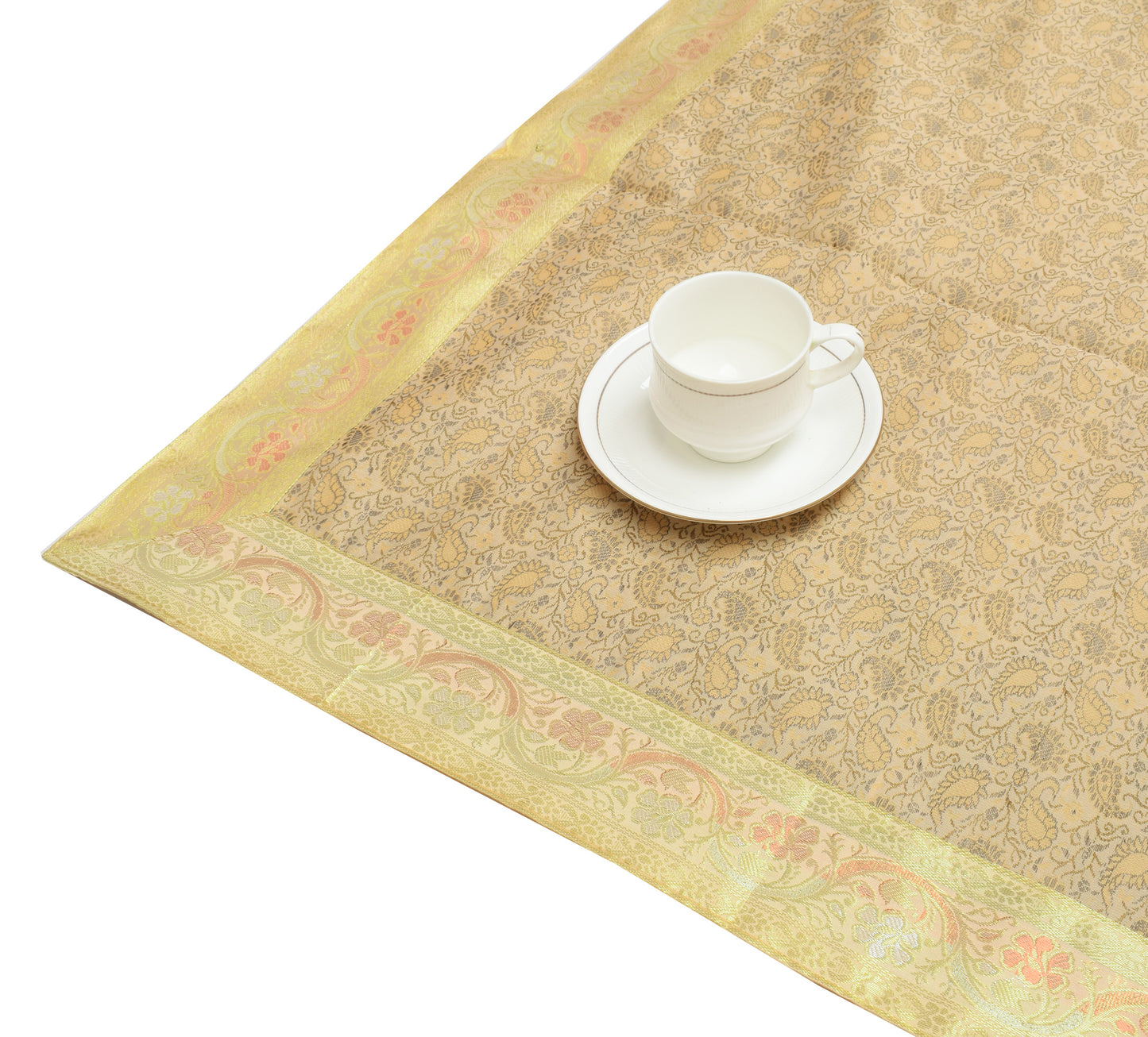 48 Square Indian Banarasi Silk Woven Paisley Dining Table Top Cover Cloth Beige