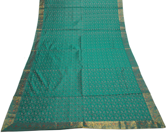 88" x 47"Dining Table Indian Banarasi Silk Woven Paisley Top Cover Cloth Green