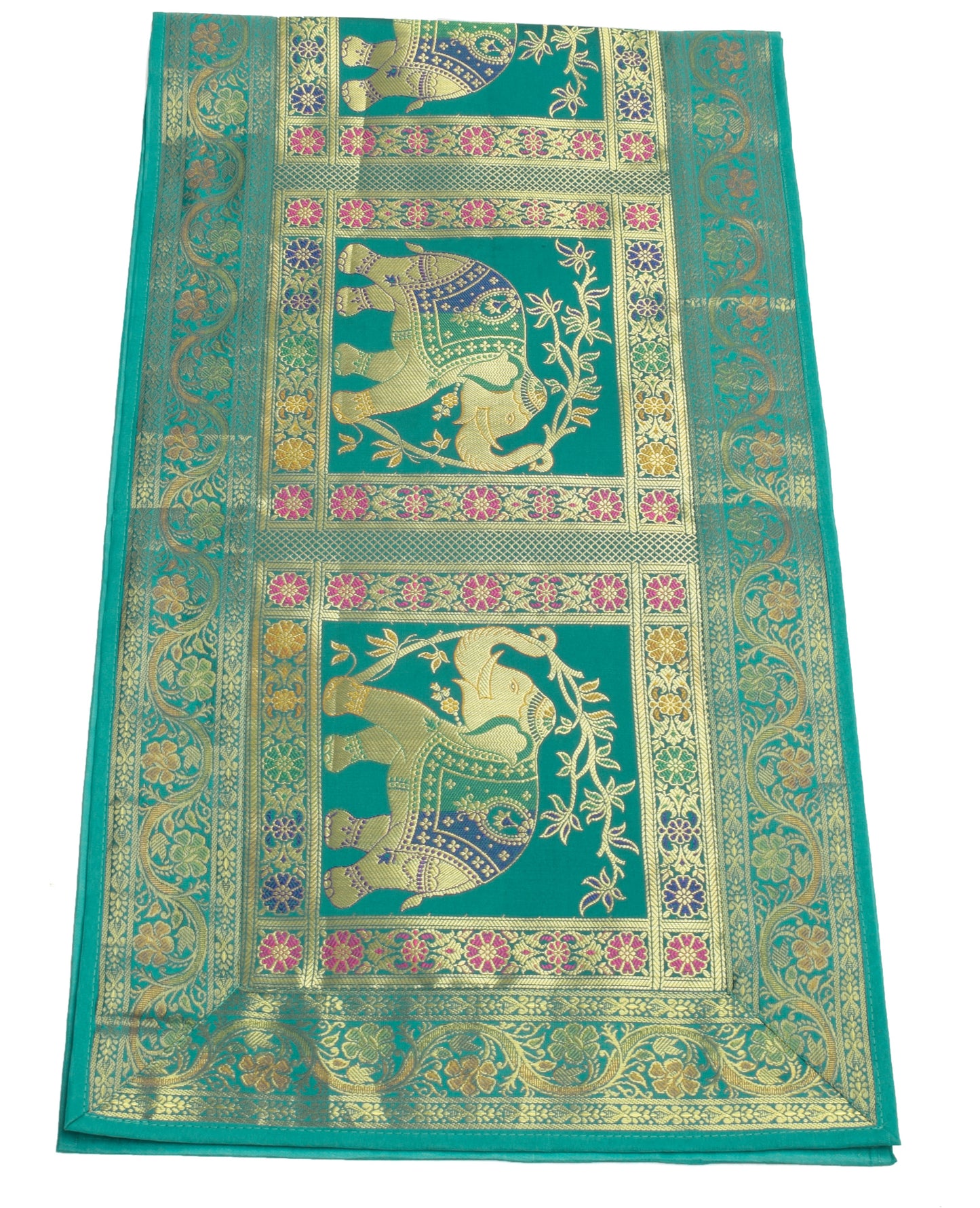 58"x16"Green TableRunner Dining Decor Indian Banarasi SilkBrocade Elephant Cloth