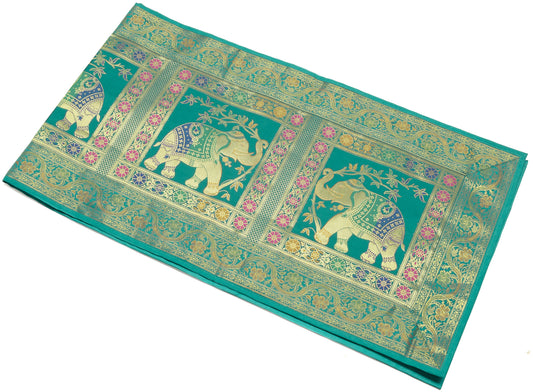 58"x16"Green TableRunner Dining Decor Indian Banarasi SilkBrocade Elephant Cloth