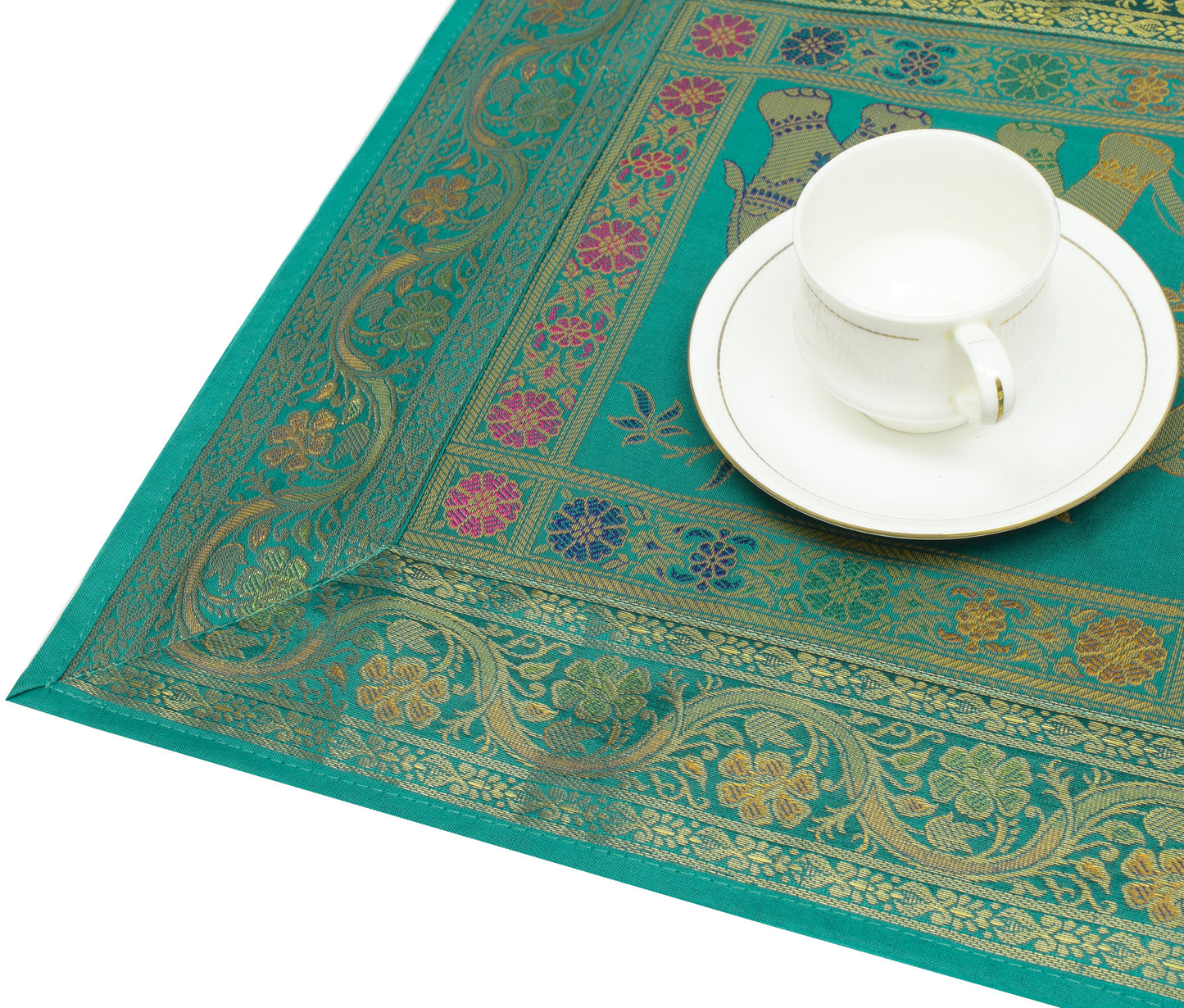 58"x16"Green TableRunner Dining Decor Indian Banarasi SilkBrocade Elephant Cloth
