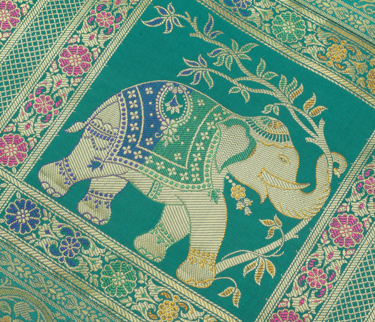 58"x16"Green TableRunner Dining Decor Indian Banarasi SilkBrocade Elephant Cloth