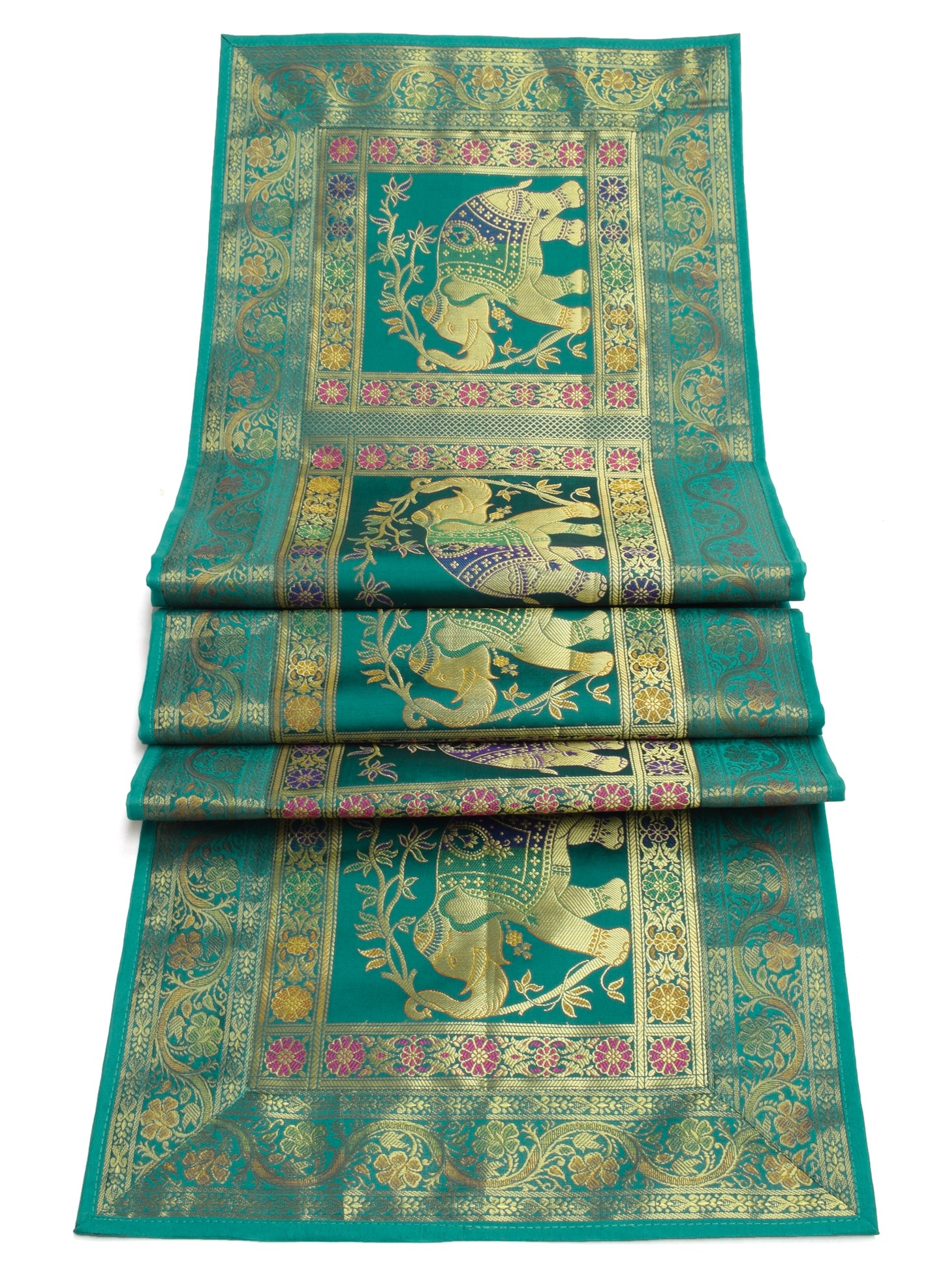 58"x16"Green TableRunner Dining Decor Indian Banarasi SilkBrocade Elephant Cloth