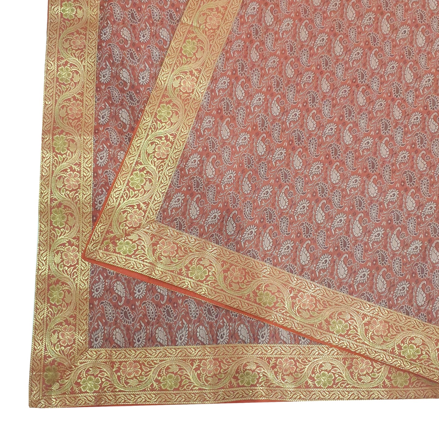 88"x48" Dining Table Top Cover Indian Banarasi Silk Woven Paisley Rust Cloth