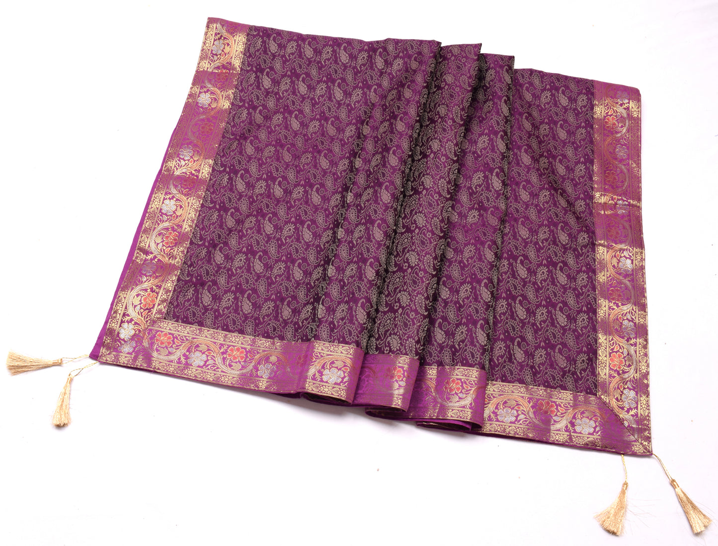 48 Inch Square Table Top Cover Purple Woven Zari Border Silk Brocade Cloth