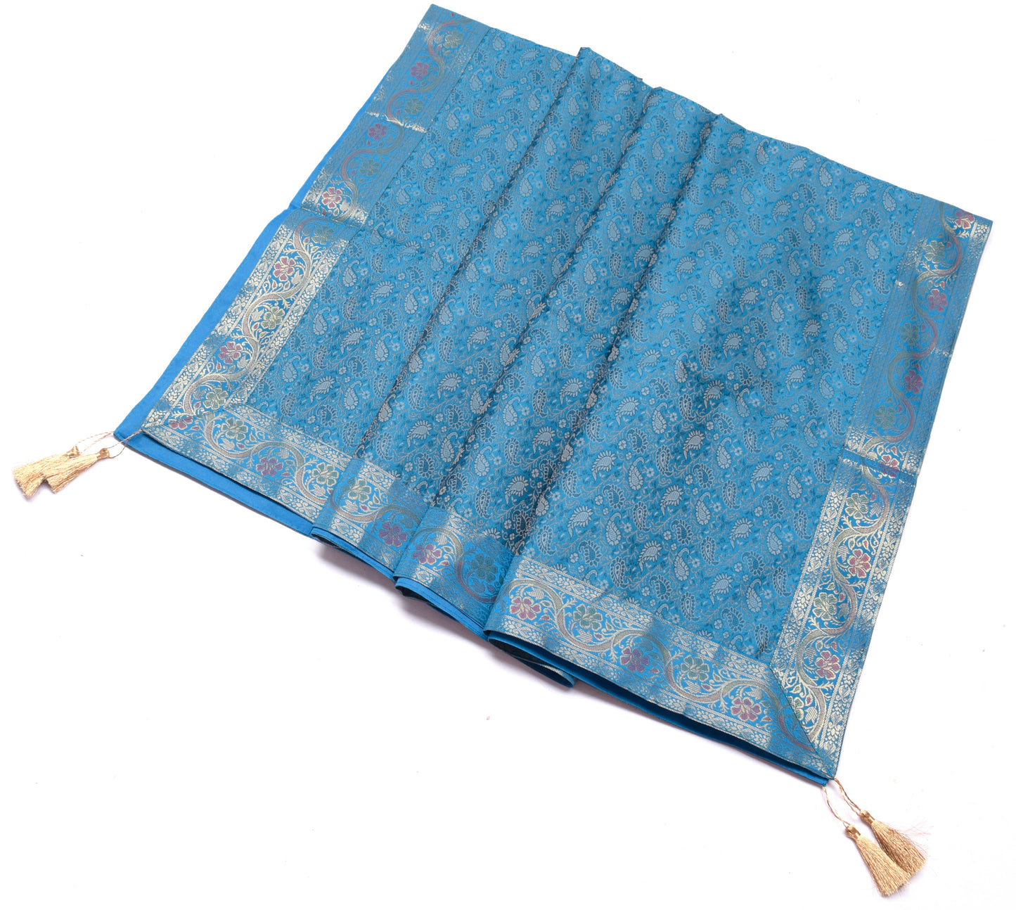 48 Inch Square Table Top Cover Blue Woven Zari Border Silk Brocade Cloth