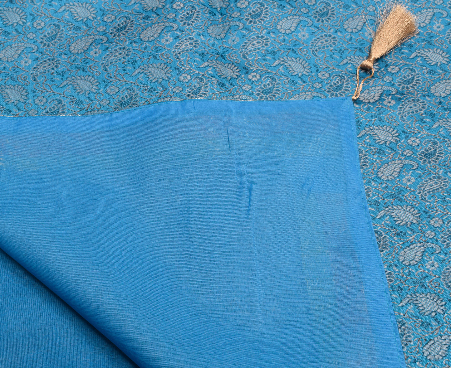 48 Inch Square Table Top Cover Blue Woven Zari Border Silk Brocade Cloth