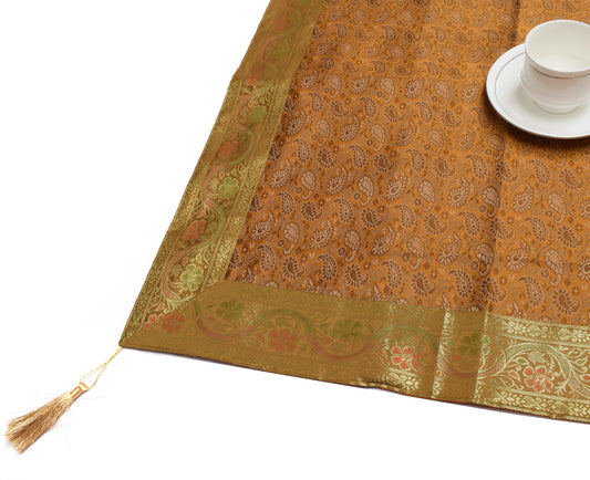 48 Inch Square Table Top Cover Mustard Woven Zari Border Silk Brocade Cloth