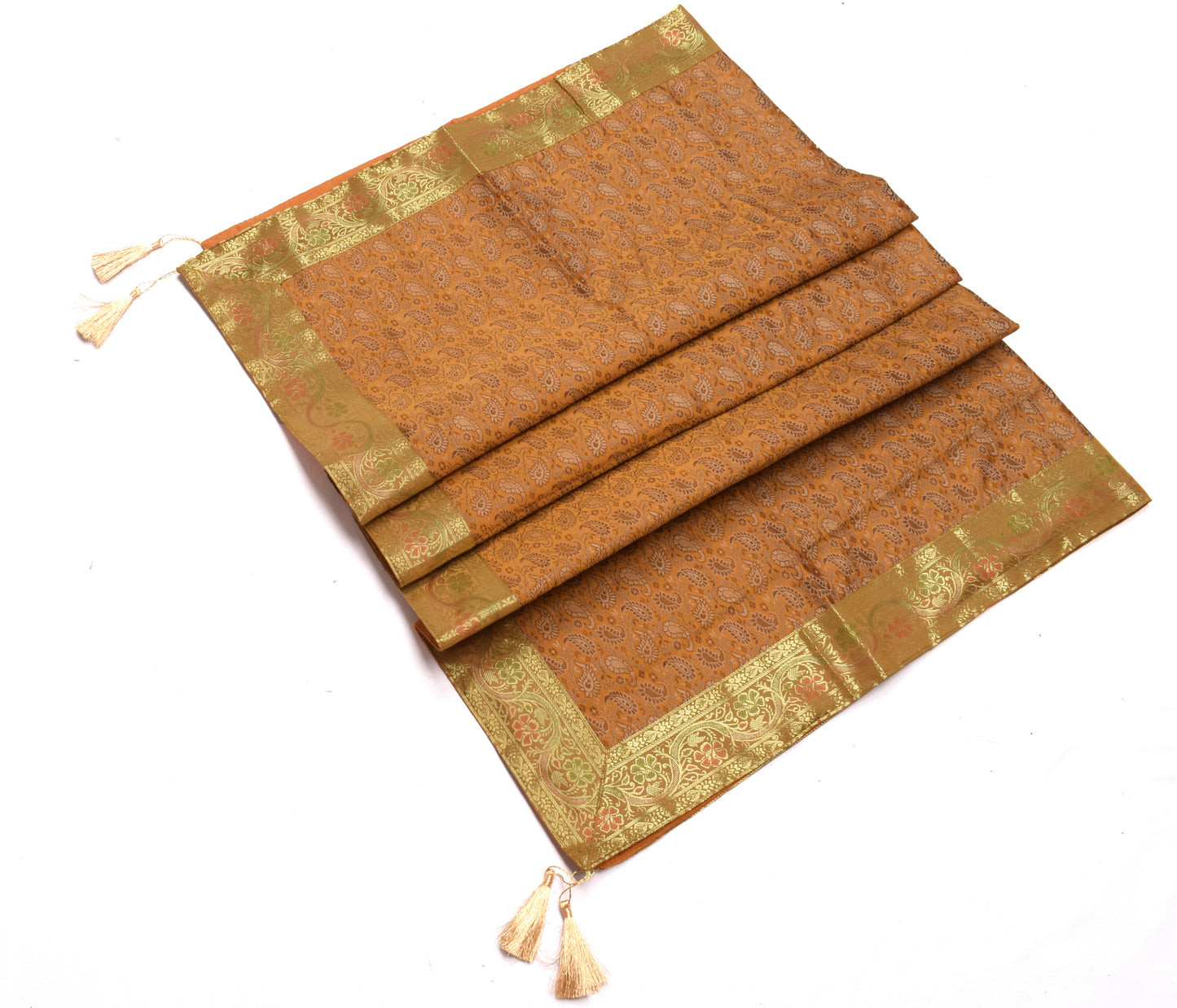 48 Inch Square Table Top Cover Mustard Woven Zari Border Silk Brocade Cloth