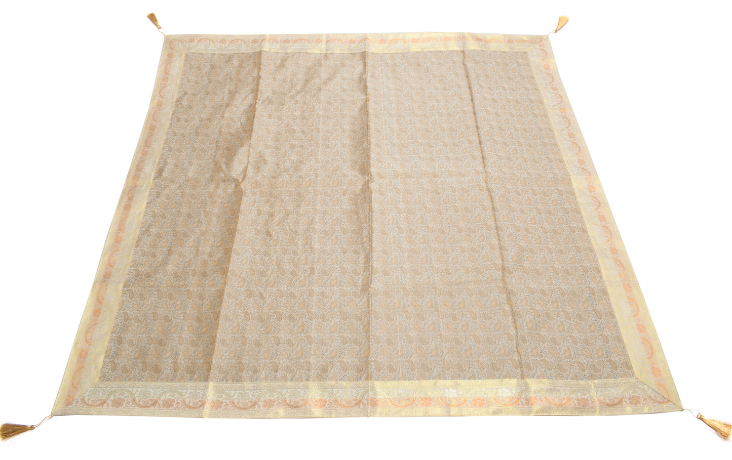 48 Inch Square Table Top Cover Cream Woven Zari Border Silk Brocade Cloth