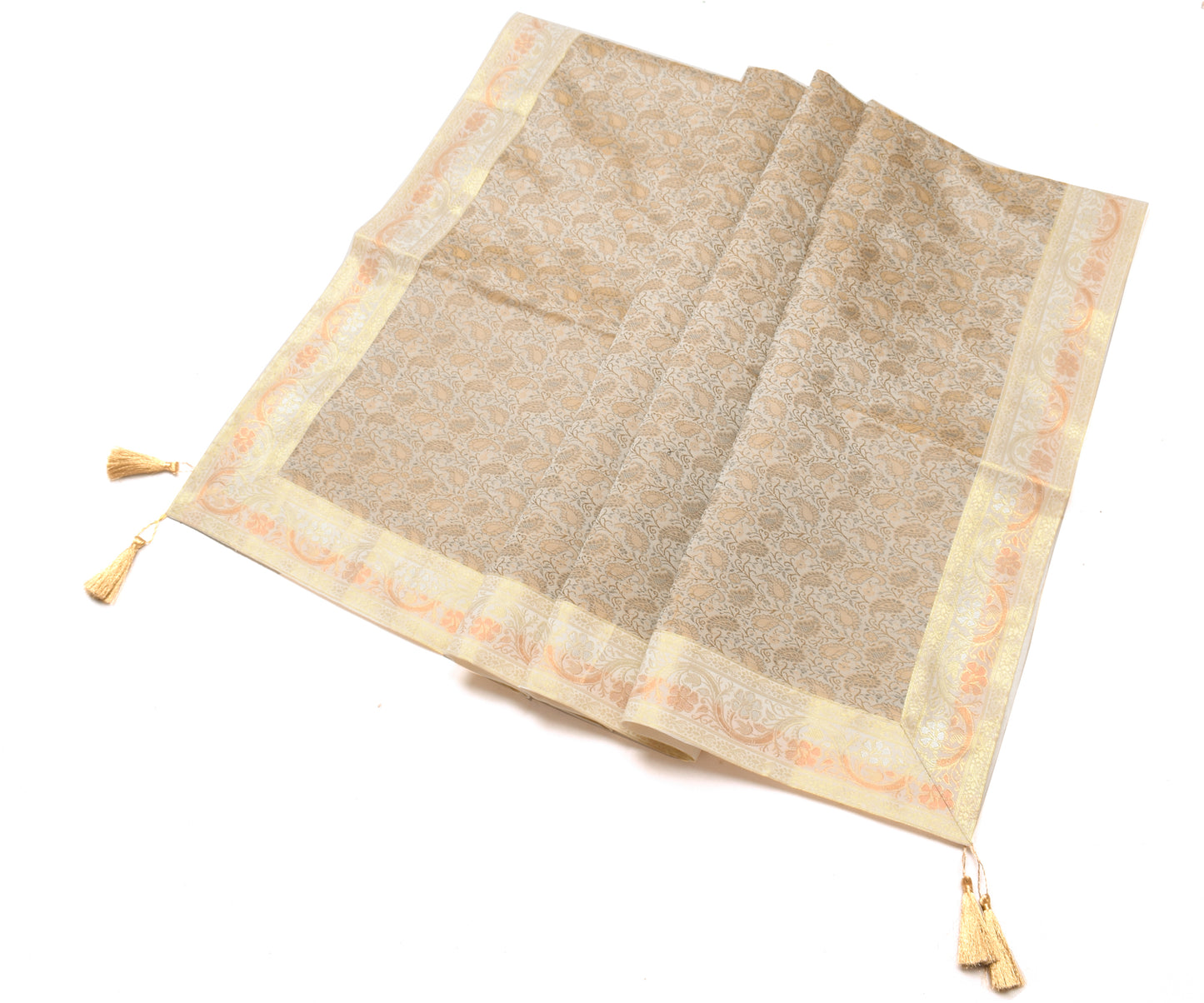 48 Inch Square Table Top Cover Cream Woven Zari Border Silk Brocade Cloth