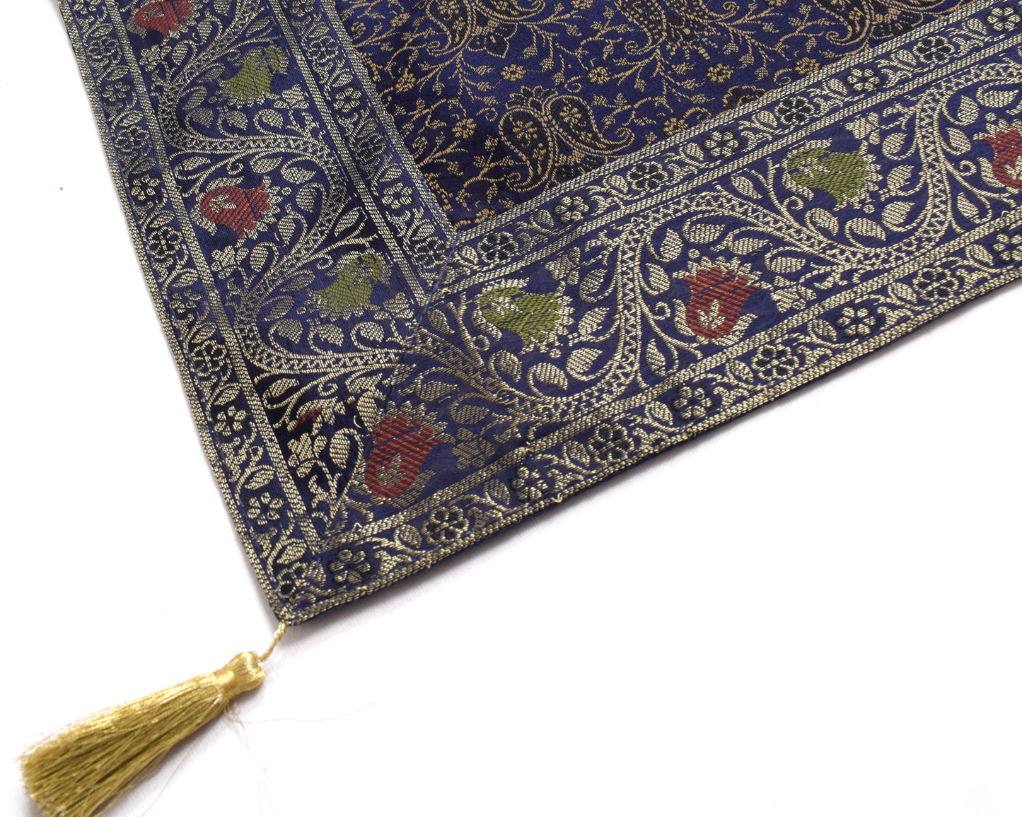 48 Inch Square Table Top Cover Blue Woven Zari Border Silk Brocade Cloth