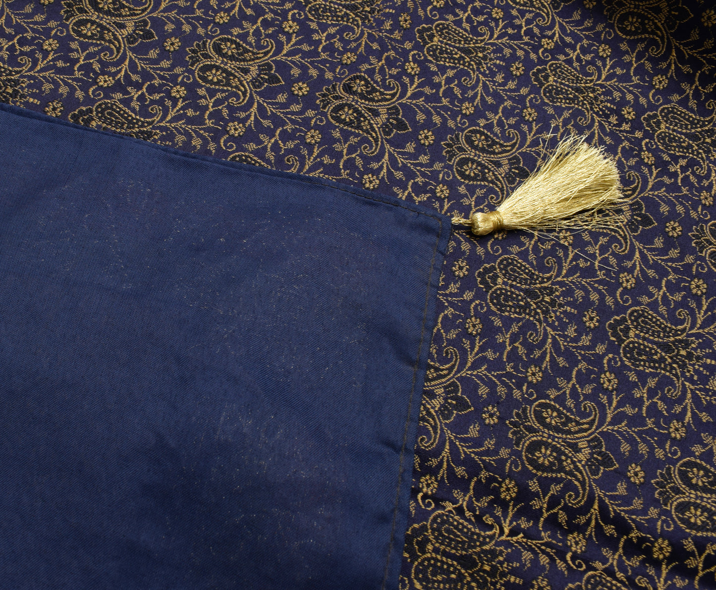 48 Inch Square Table Top Cover Blue Woven Zari Border Silk Brocade Cloth